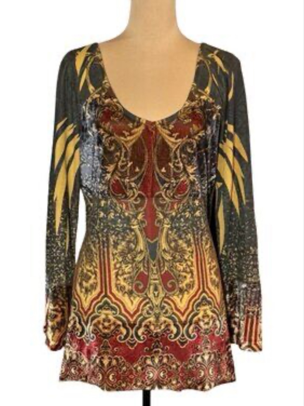 live and let live  Scoop-Neck Long Sleeve Top Velour Chest Cuffs Vintage Size S